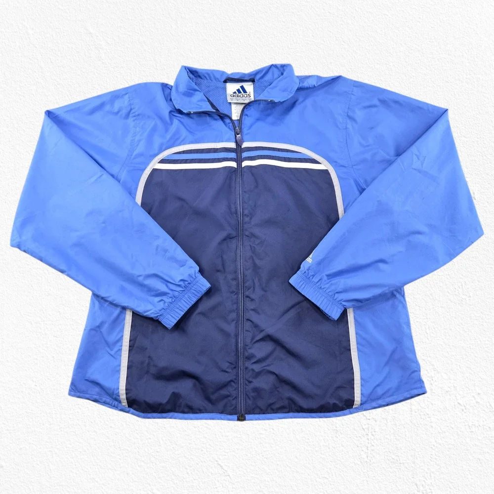 Y2K Adidas Windbreaker Jacket Blue Navy Zip Up Track Top Size M 2001 Vintage